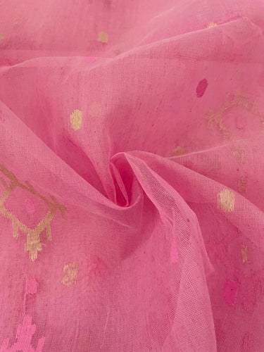 Authentic Dhakai Jamdani Muslin Saree from Bangladesh | Handwoven | Bubblegum Pink | Pink and Gold Threads | Ships from California